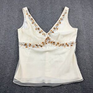Very Vera Cream Beaded Women's L Large Sequin Floral Mesh Overlay Tank Top